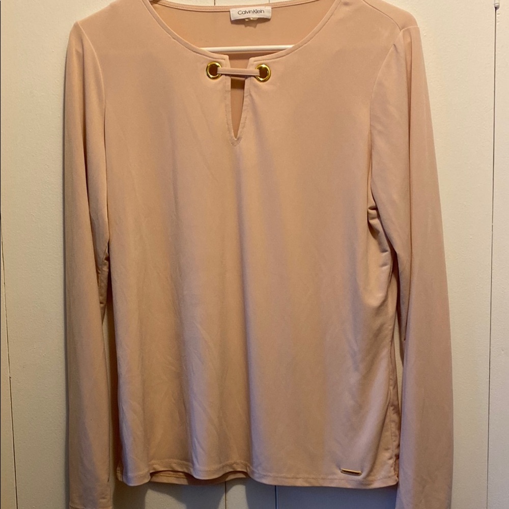 Calvin Klein Tan Long Sleeve Tie Front Blouse